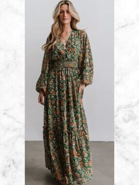 BALTIC BORN Bria Maxi Dress Green Floral Chiffon Smocked Waist Ruffle Boho 1X